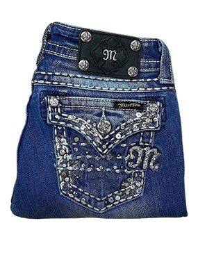Miss Me Rhinestone Flap Pocket Skinny Jeans
